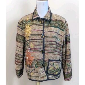 Folk Festival Daisy Embroidered Silk Blend Jacket Button Up Pockets Sz M?? Artsy